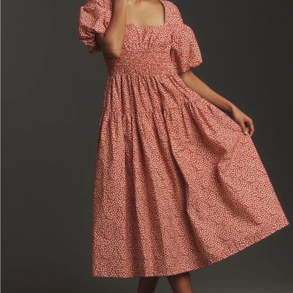 Anthropologie Puff Sleeve Smocked Poplin Midi Dress